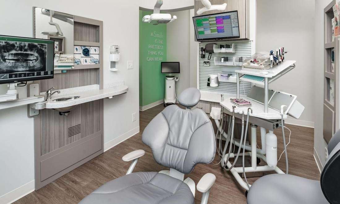 Dental chair in a closed container position